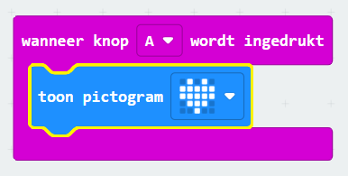 MakeCode: wanneer knop A wordt ingedrukt, toon pictogram hartje
