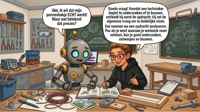 Robot en leerkracht bespreken wat een goede eis is