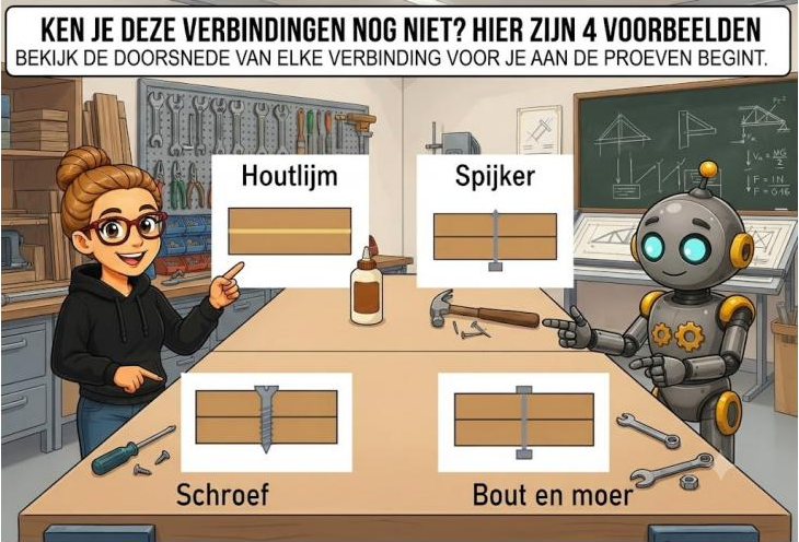 Vier verbindingen in doorsnede: houtlijm, spijker, schroef, bout en moer