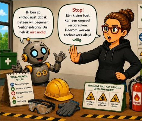 Robot wil meteen beginnen, de leerkracht zegt: stop, veiligheid eerst