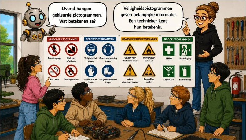 Leerlingen bekijken een bord met pictogrammen