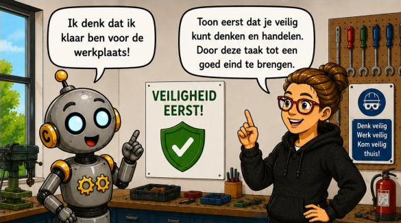 Robot denkt dat hij klaar is; de leerkracht: toon eerst dat je veilig kan denken en handelen