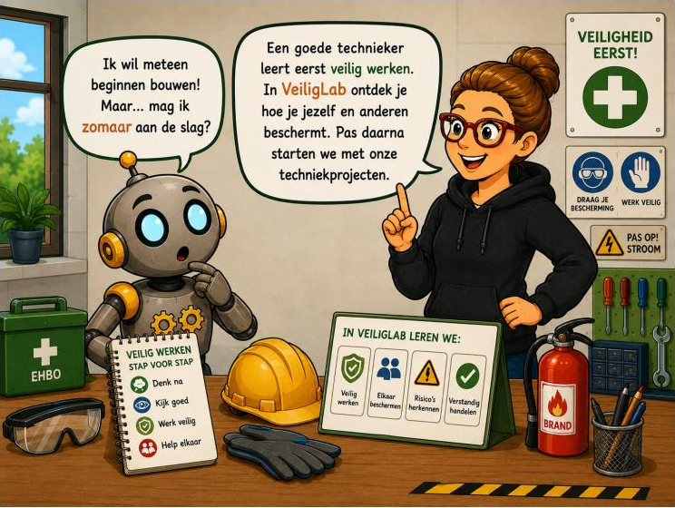 Robot wil meteen bouwen; de leerkracht: een goede technieker leert eerst veilig werken